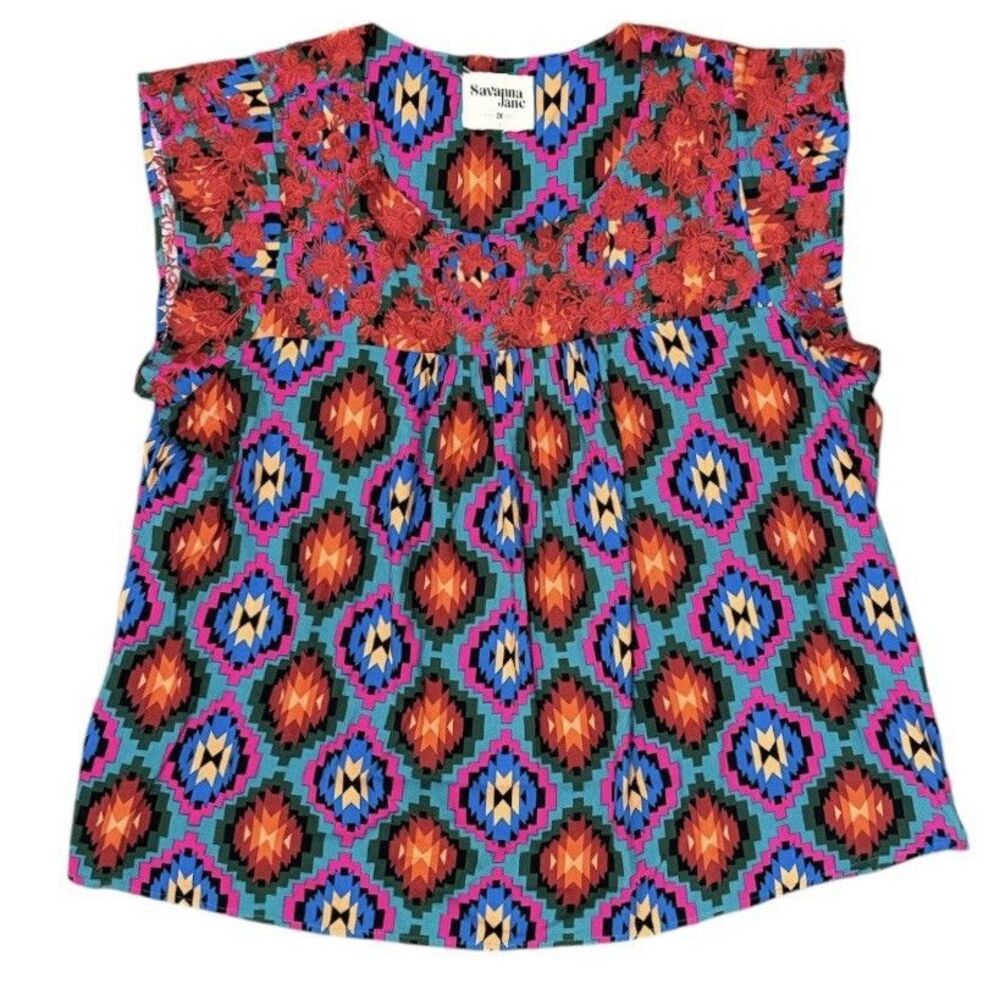 Savanna Jane Aztec Top Boho Southwest Geometric Embroidered Tunic 2X Plus Size